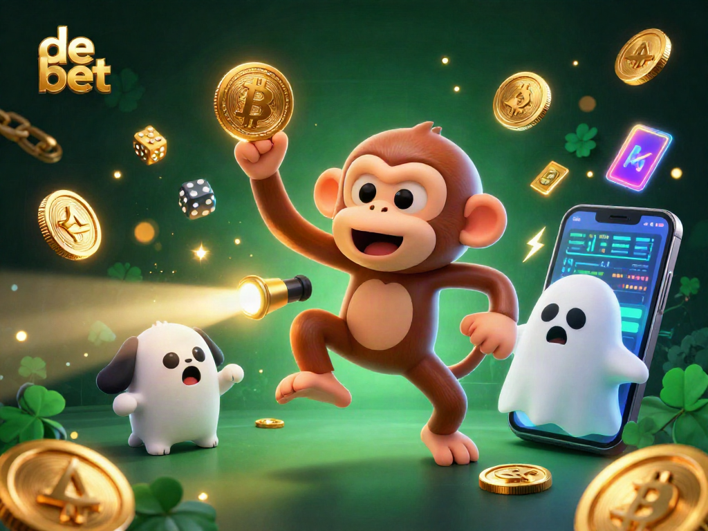 Experience the thrilling de bet casino with a mischievous ghost monkey juggling golden coins amid neon simulations and spooky elements.