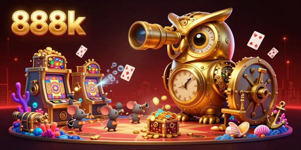 Experience the vibrant energy of 888k with a golden owl scanning a bustling casino floor.