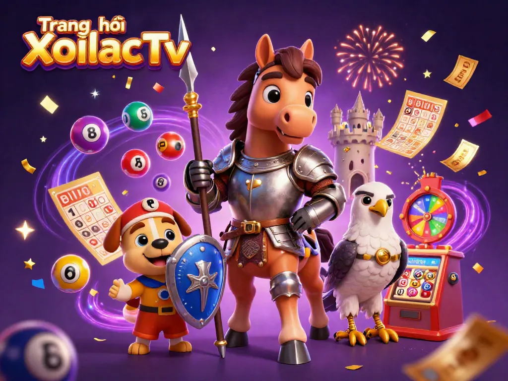 Experience the excitement of Trang chủ XoilacTv as a knight, puppy, and falcon celebrate with lottery elements.