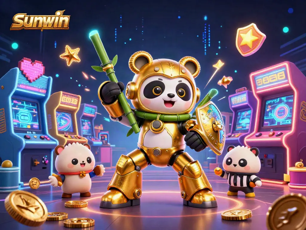 Engage in exciting gameplay with sunwin at a vibrant casino arena featuring a mech-suit panda.
