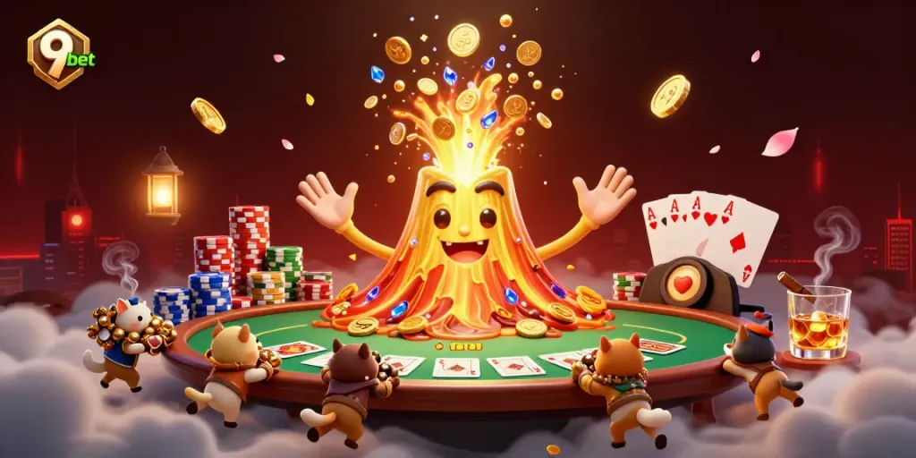 Experience the thrill of 9bet with a golden volcano erupting treasure amidst poker excitement.