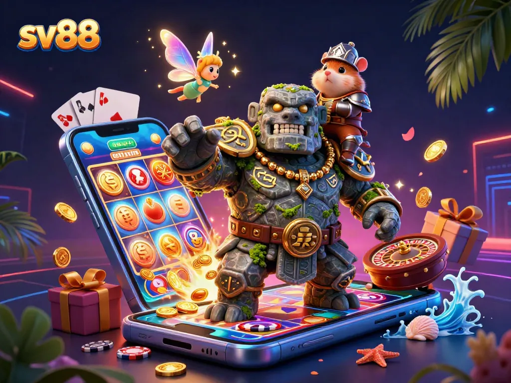 Experience fantastic wins at sv88 with the golem guardian and fairy in a vibrant casino illustration.