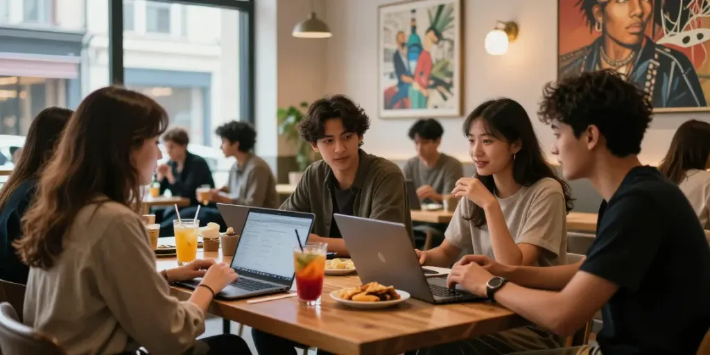 Group enjoying rokok88 beverages in a vibrant café atmosphere.