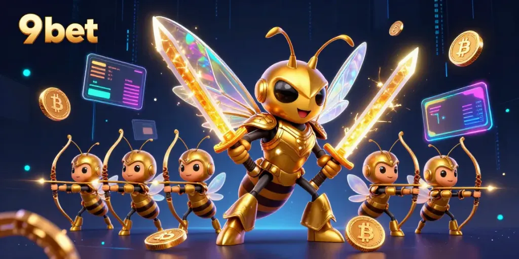 Experience thrilling gaming at 9bet with a cartoon hornet warrior and crypto elements.