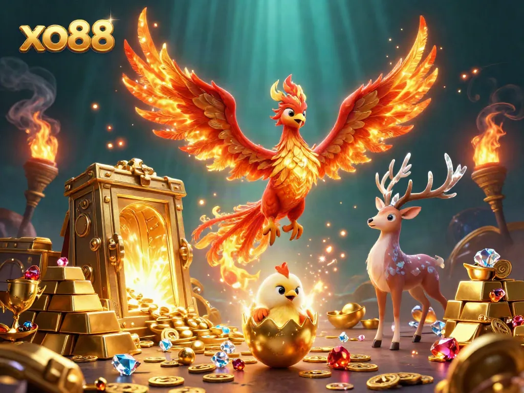 Experience thrilling casino action with xo88, featuring a vibrant fire phoenix and treasures in a magical scene.