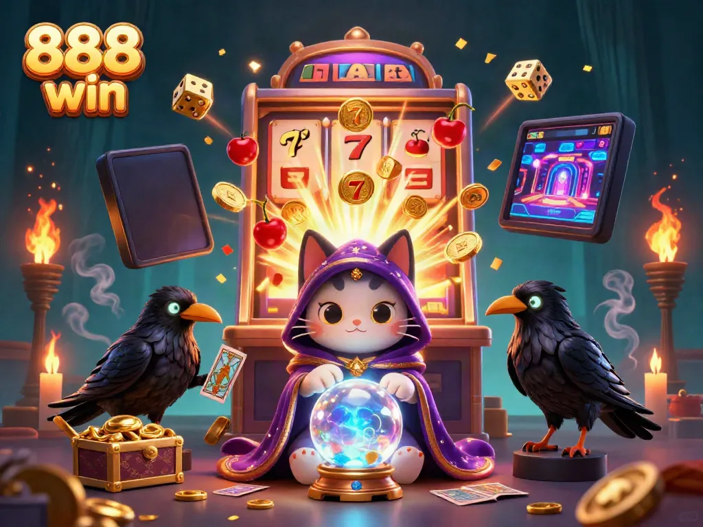 Experience the thrill with 888 win in a vibrant casino scene featuring a mystic cat and tarot raven.
