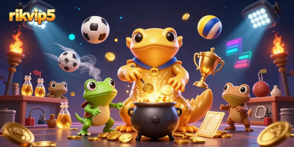 Experience the excitement of rikvip5 with a golden alchemist and sports elements in a captivating 3D scene.