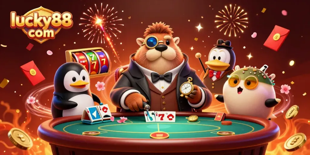 Engage with lucky88 com at the underwater poker showdown with a comedic walrus, penguin dealer, and flashy gambling elements.