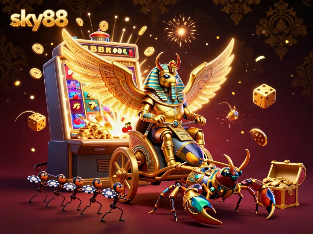 Experience the vibrant energy of sky88 with a dramatic 3D casino scene featuring golden scarabs and slot machines.