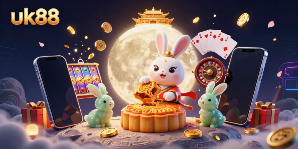 Experience festive gaming with uk88's enchanting moon rabbit illustration featuring serene casino elements.
