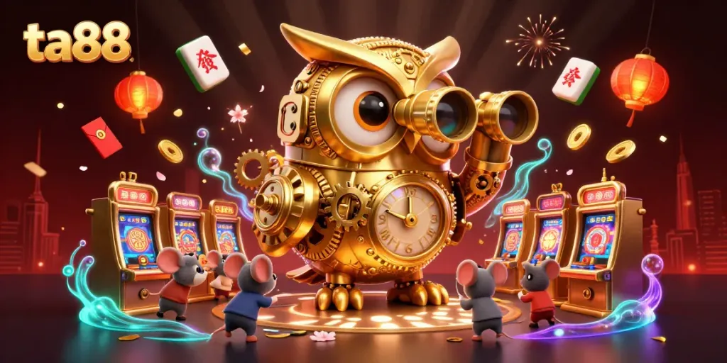 Experience the vibrant energy of ta88 with a dazzling casino scene featuring a golden owl and animated mice.