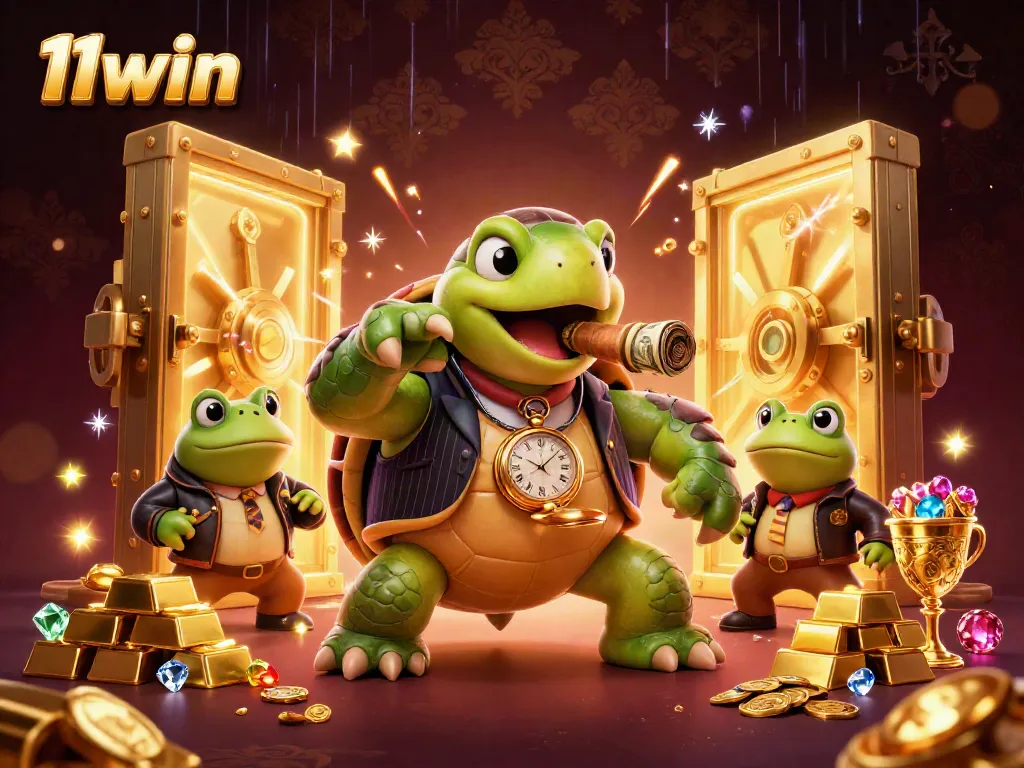 Experience the vibrant world of 11win with a snapping turtle in a tuxedo amidst shining treasures, representing online gaming excitement.