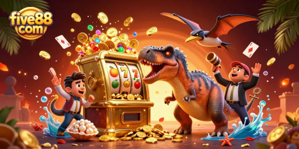 See five88 com's dynamic scene where a dinosaur triggers a jackpot at a slot machine, capturing an exhilarating casino moment.