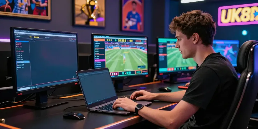 Engaged player analyzing odds at UK88 online betting platform.