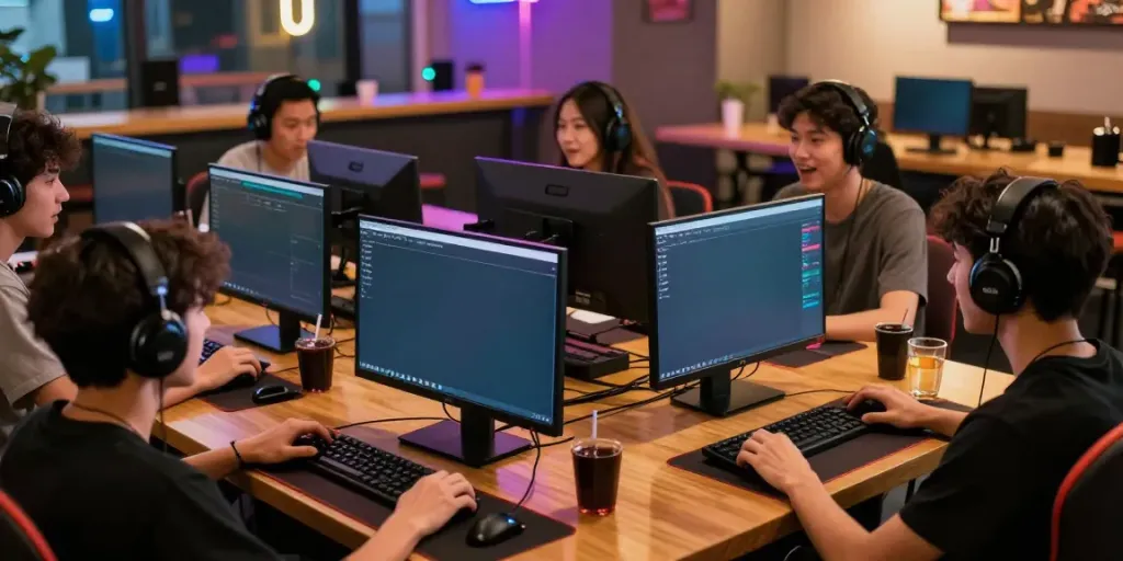 Online players enjoying DU88 gaming experience in vibrant cafe atmosphere.