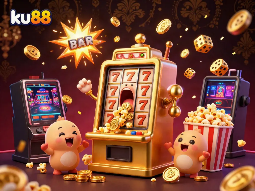 Play the ku88 slots as golden jackpots rain coins down in this exciting casino scene.