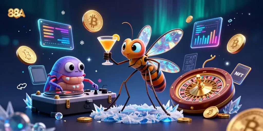 Experience the thrill of 88AA through a vibrant 3D casino scene with unique characters and crypto elements.