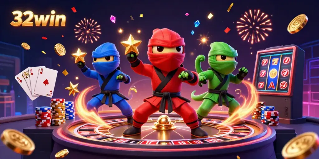 Engage with 32win as colorful ninja chameleons showcase a vibrant casino rooftop scene filled with winnings.