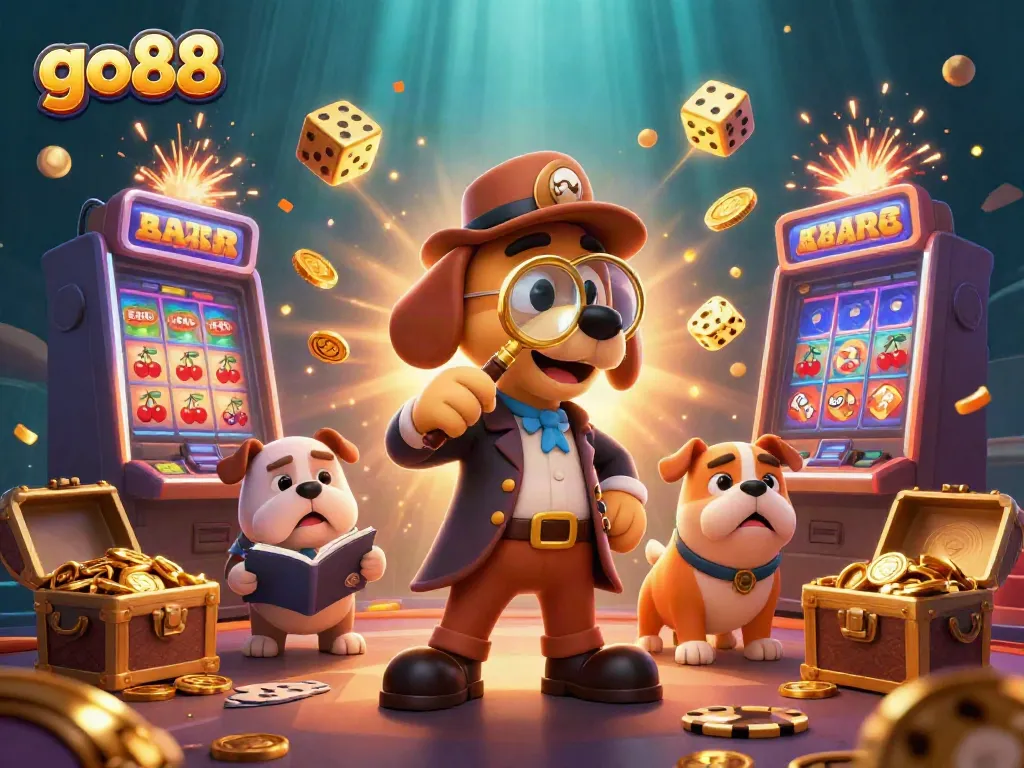 Engage with a 3D detective scene uncovering treasure clues at Go88, filled with casino symbols and luck.