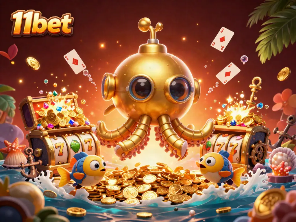 Experience thrilling slots action with 11bet's vibrant underwater scene featuring golden treasures.