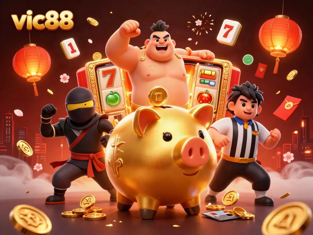 Engage in a vibrant casino adventure with vic88, showcasing a lively scene of characters amidst falling coins and slot machine elements.