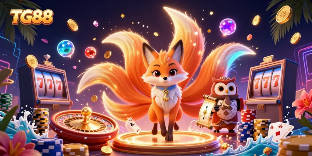 Experience thrilling gameplay with TG88's vibrant 3D casino spirit illustration featuring cascading coins and colorful orbs.