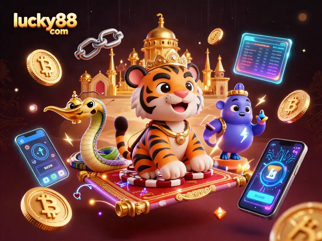 Join the excitement at lucky88 com, featuring a dynamic 3D illustration of a sultan and genie amidst glowing cryptocurrency elements.