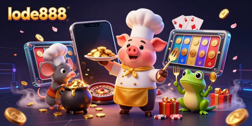 Experience big wins at lode888 with this vibrant 3D illustration featuring chefs and gold coins.