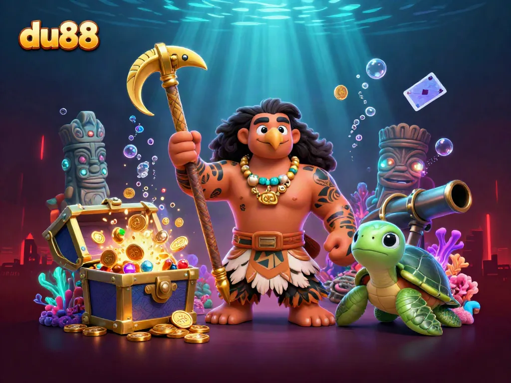 Engage in thrilling gameplay at du88 with a 3D illustration featuring engaging characters and vibrant treasures.