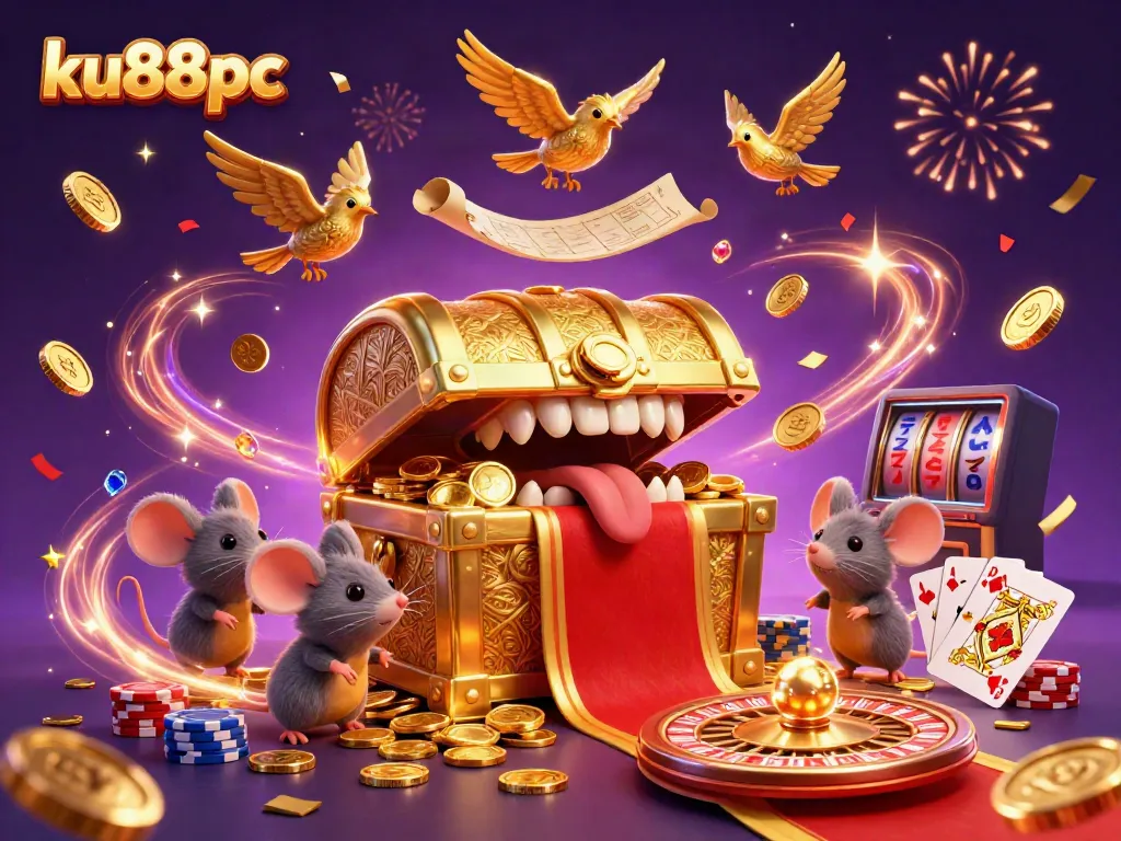 Witness the thrilling world of ku88pc with a dynamic scene of adventure and winning possibilities, featuring treasure and casino elements.