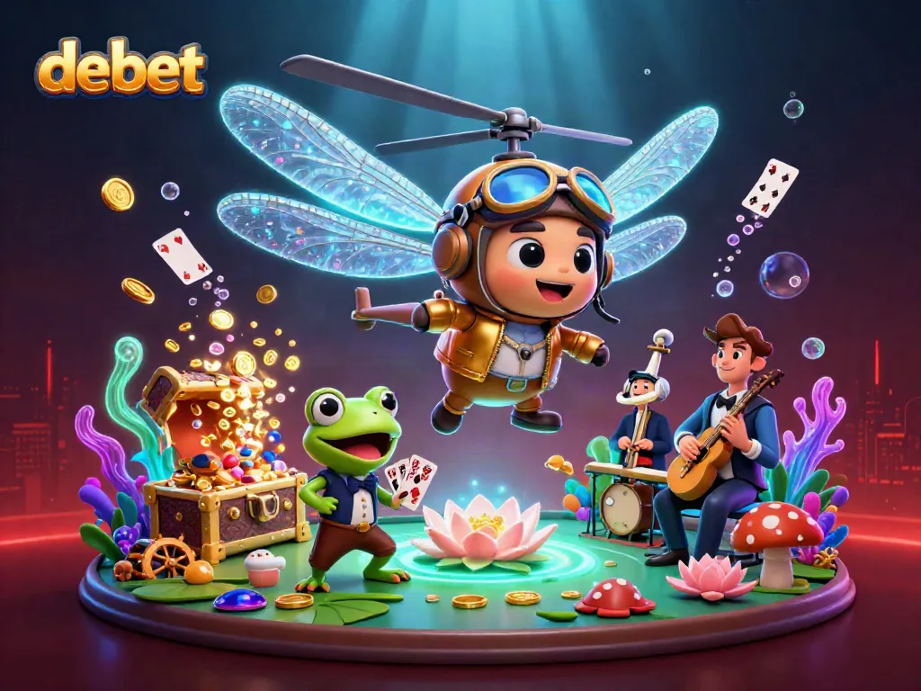 Experience debet's vibrant casino scene with a lively dragonfly pilot and enchanting frog croupier.