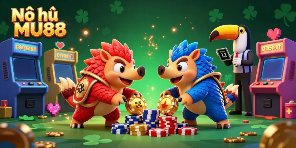Join the excitement of Nổ hũ MU88 with rival pangolins rolling through golden jackpot slots in a colorful casino.