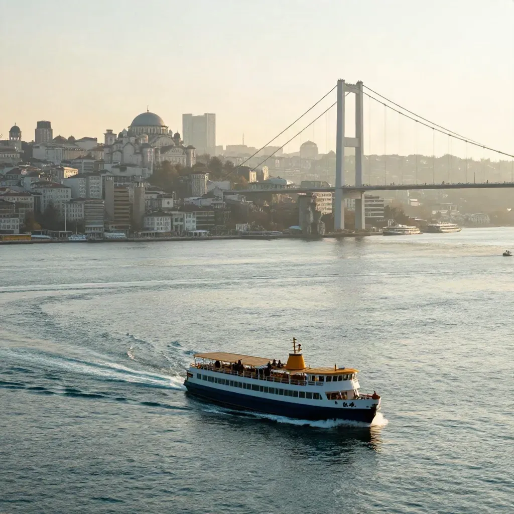 Gün doğumunda Boğaz, feribot izleri ve sisli İstanbul silueti