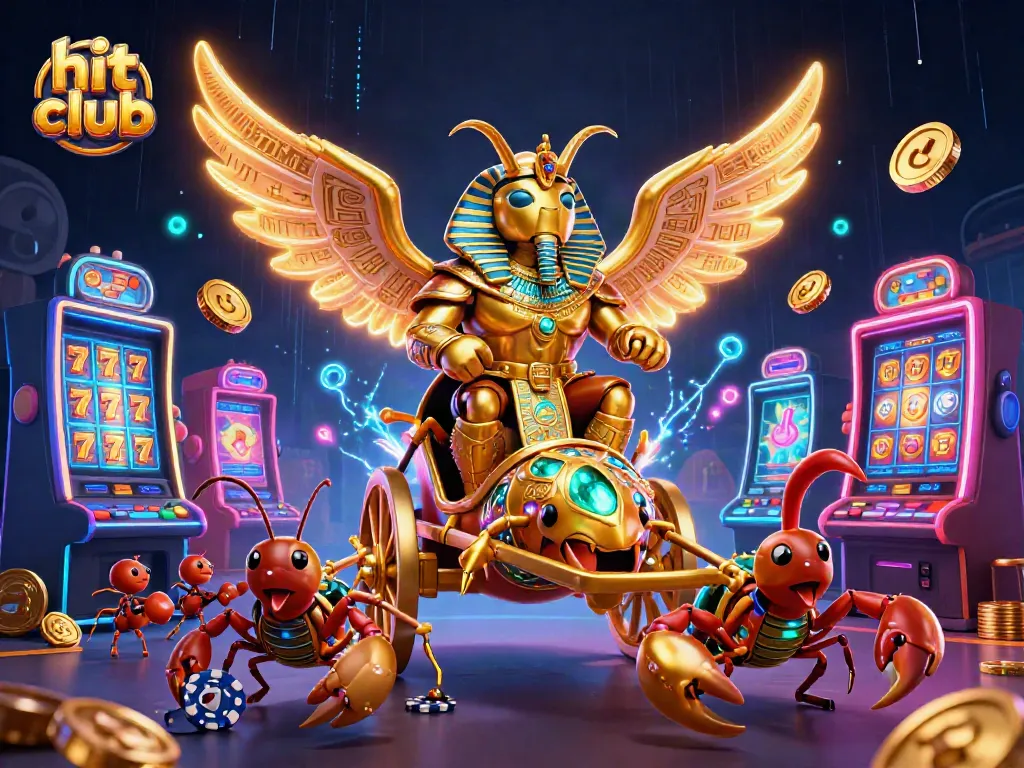 Experience hit club's vibrant casino atmosphere with golden scarab characters and dynamic gaming elements.