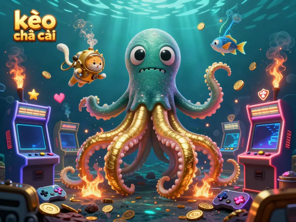 Engage with kèo nhà cái while exploring a vibrant underwater casino scene featuring a kraken and diving cat.