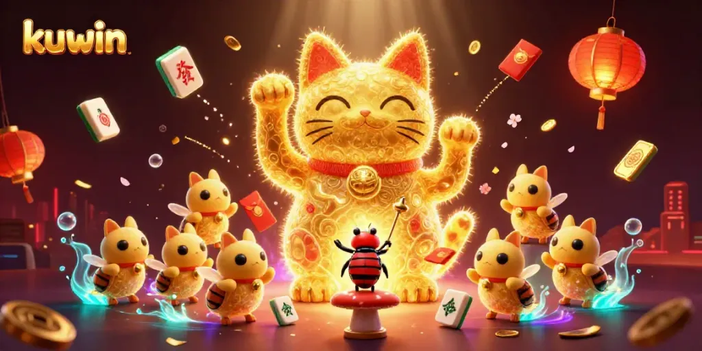 Kuwin's vibrant casino-themed illustration showcases a lucky cat, fireflies, and festive decorations.