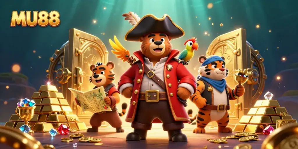 Experience thrilling wins at MU88 with vibrant casino-themed pirate scene packed with treasures.