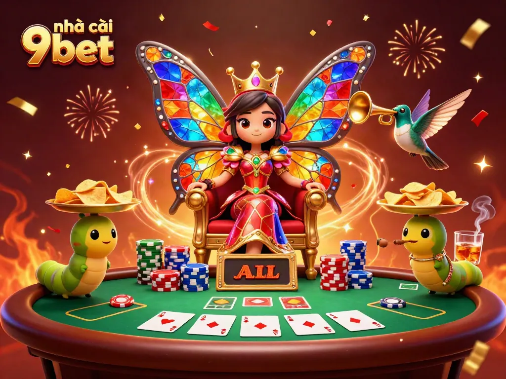 Experience excitement at nhà cái 9bet with a vibrant 3D casino scene filled with chips, cards, and festive elements.