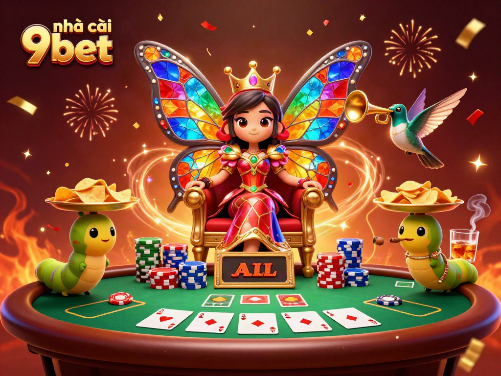 Experience excitement at nhà cái 9bet with a vibrant 3D casino scene filled with chips, cards, and festive elements.
