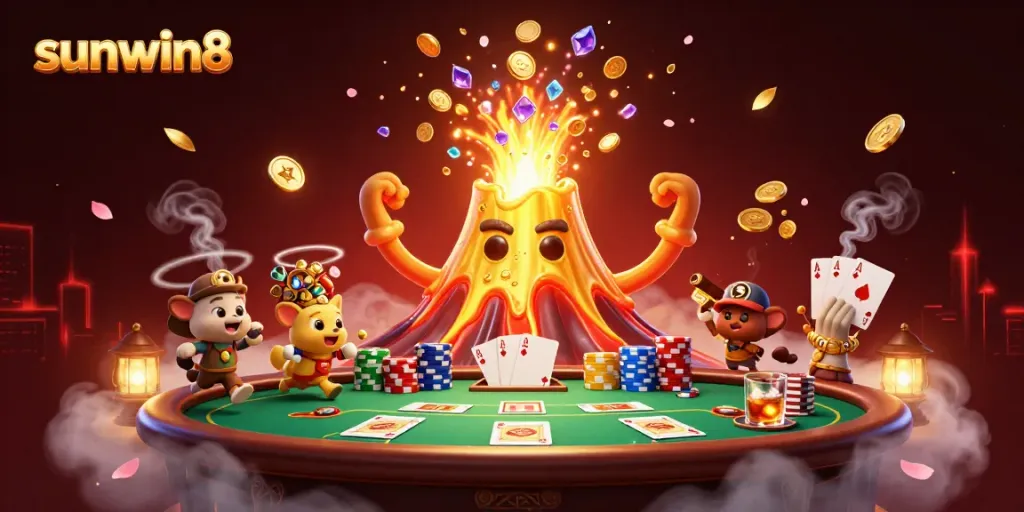 Experience the excitement of sunwin8 with a vibrant gaming scene featuring treasures and casino elements.