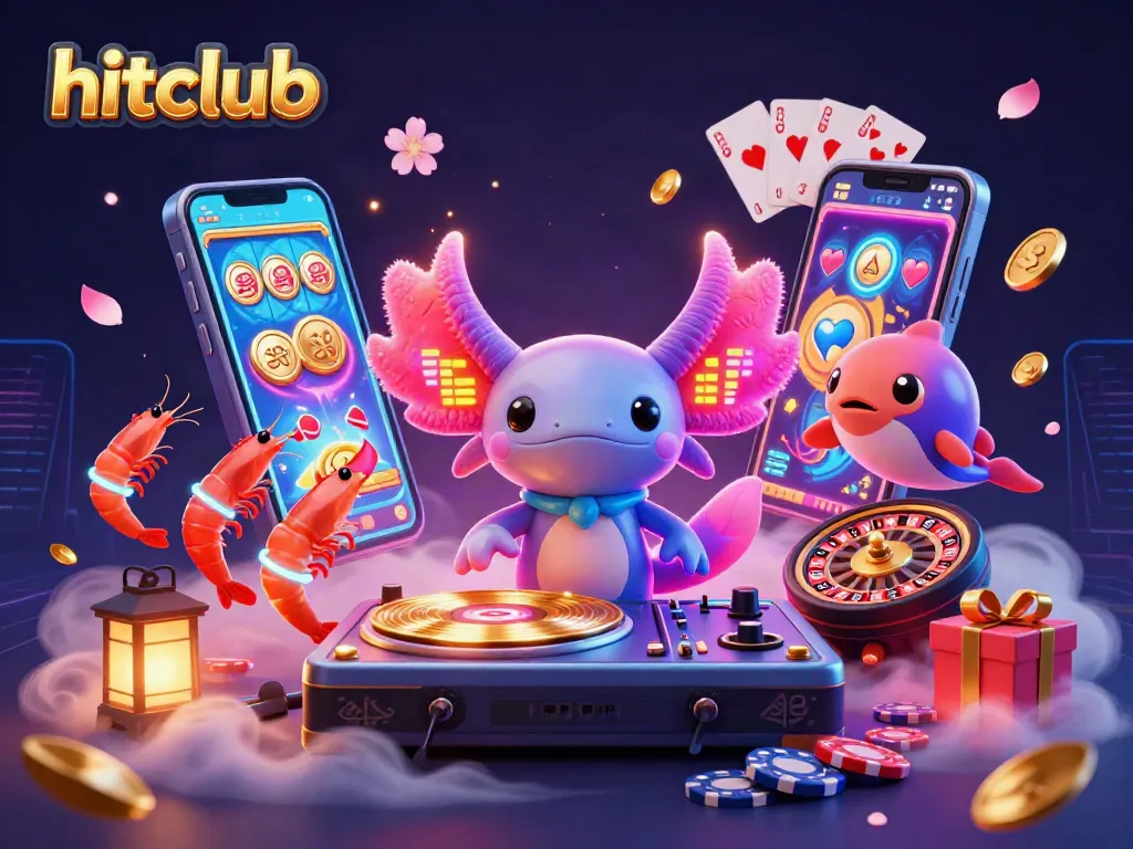 Hitclub players enjoying vibrant underwater casino party with spinning slot reels and glowing treasures.