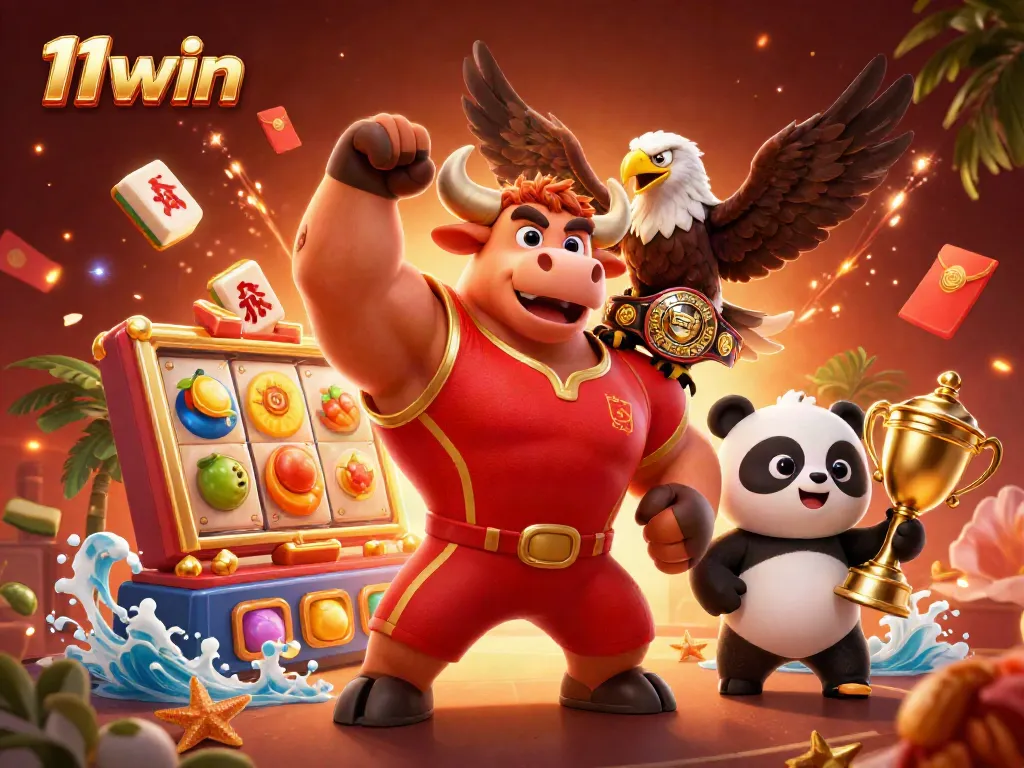11win jackpot celebration featuring bull, eagle, and panda surrounded by casino elements.