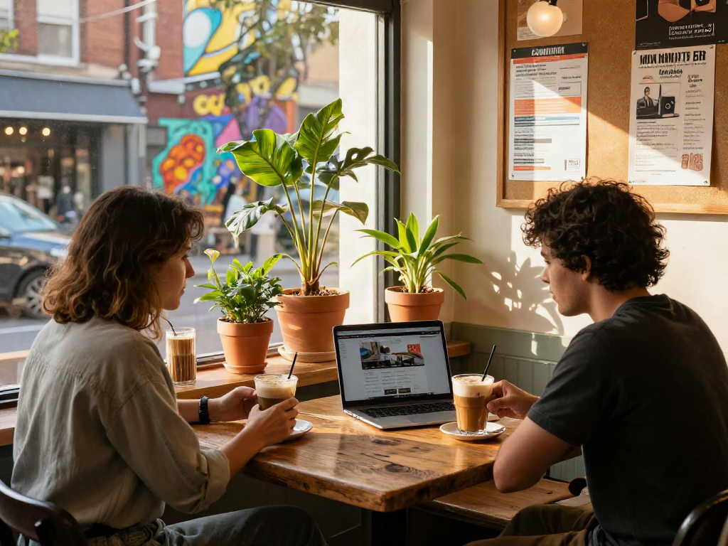 Couple enjoying coffee and rokok88 website at urban cafe.