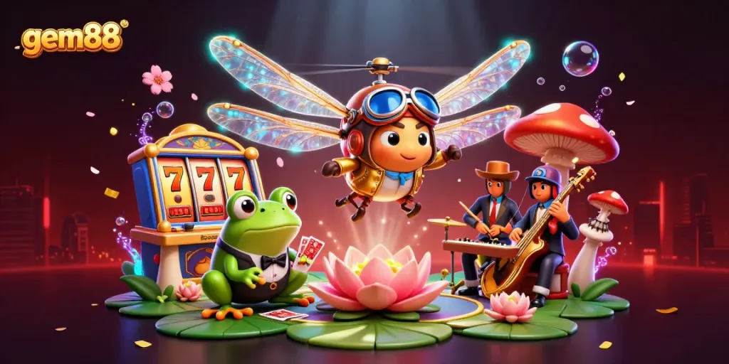 Experience thrilling gaming moments at gem88 with a lively 3D casino scene featuring colorful slot reels and a frog croupier.