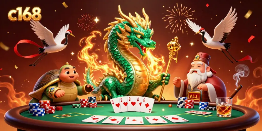 Experience thrilling moments with c168 in an energetic casino scene featuring a jade dragon and wise turtle.