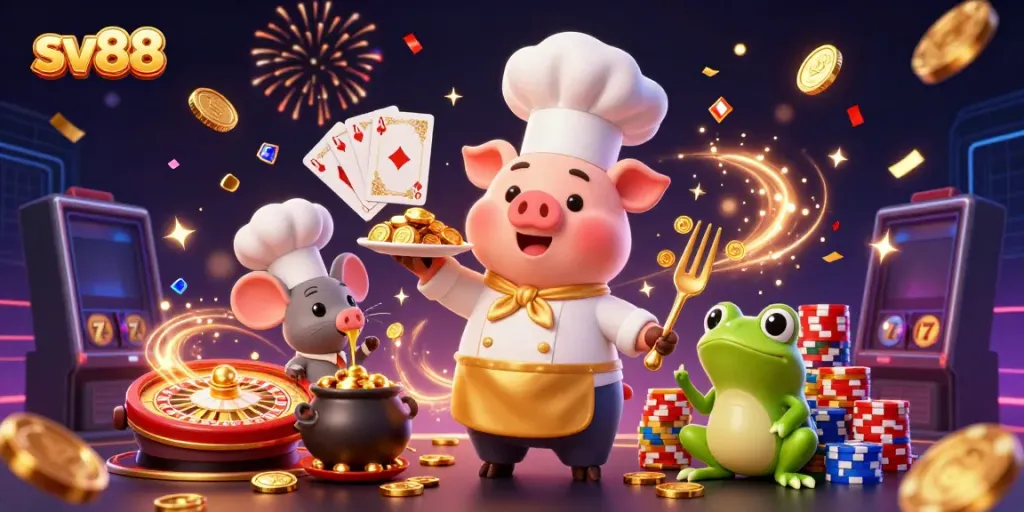 Experience sv88 with a festive scene of a chef pig serving golden coins, surrounded by vibrant casino elements.