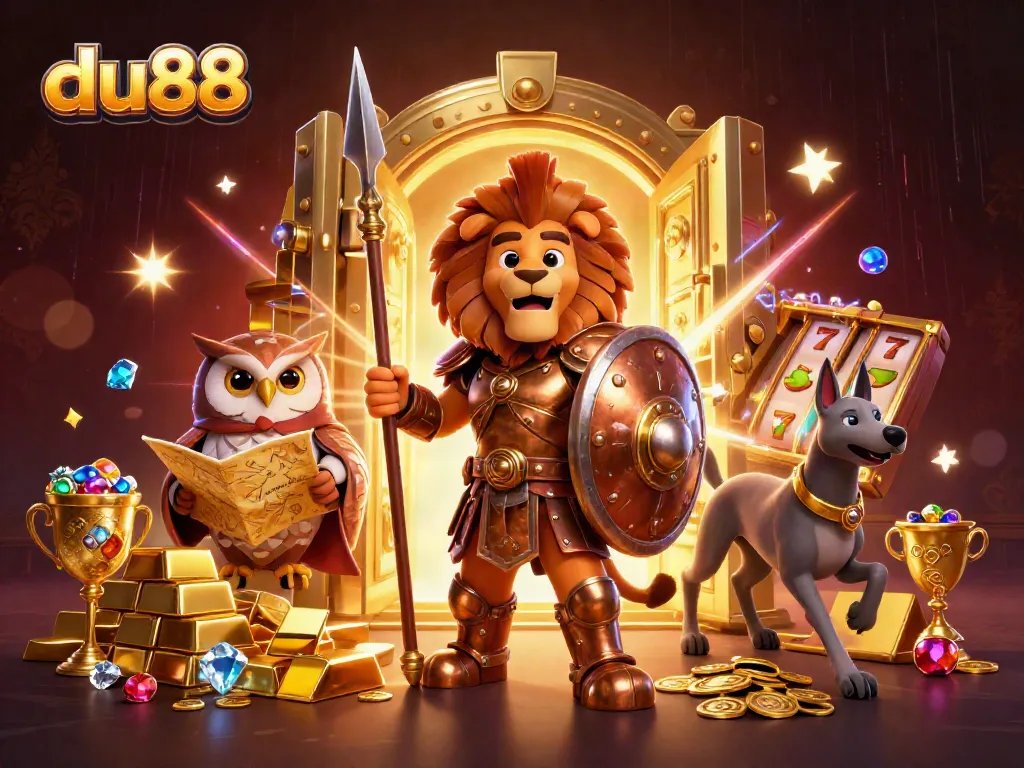 Experience thrilling gameplay at du88 with vibrant slot games surrounded by treasures and animated characters.
