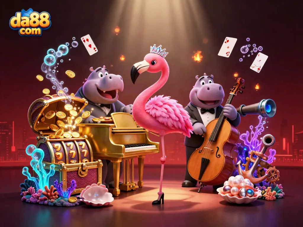 Experience da88 com's vibrant casino atmosphere with a flamboyant flamingo singer, hippo bassist, and bursting treasure!