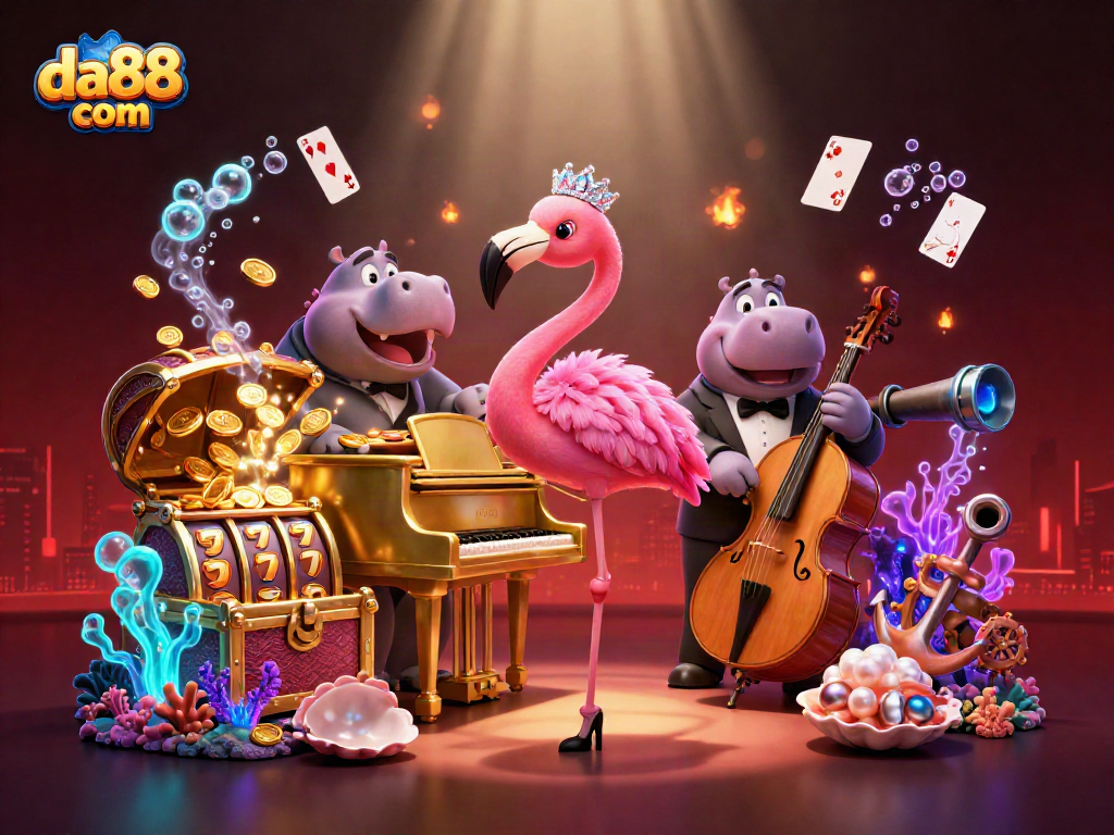 Experience da88 com's vibrant casino atmosphere with a flamboyant flamingo singer, hippo bassist, and bursting treasure!