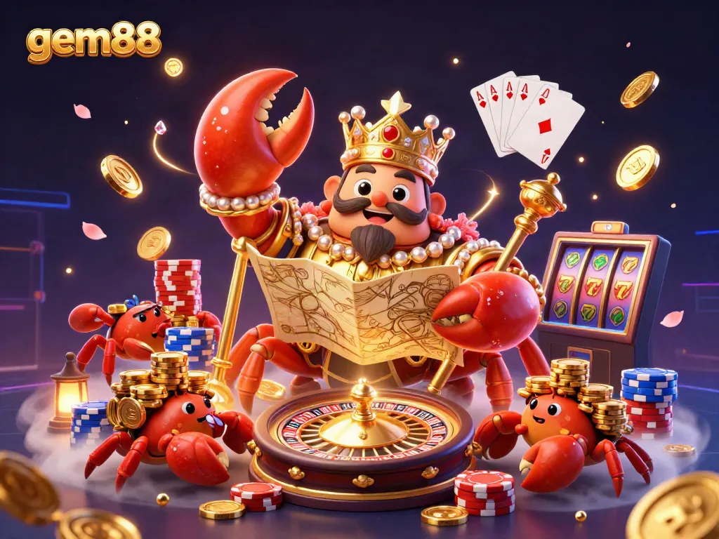 Experience the exciting world of gem88 with a golden crab emperor surrounded by casino elements.